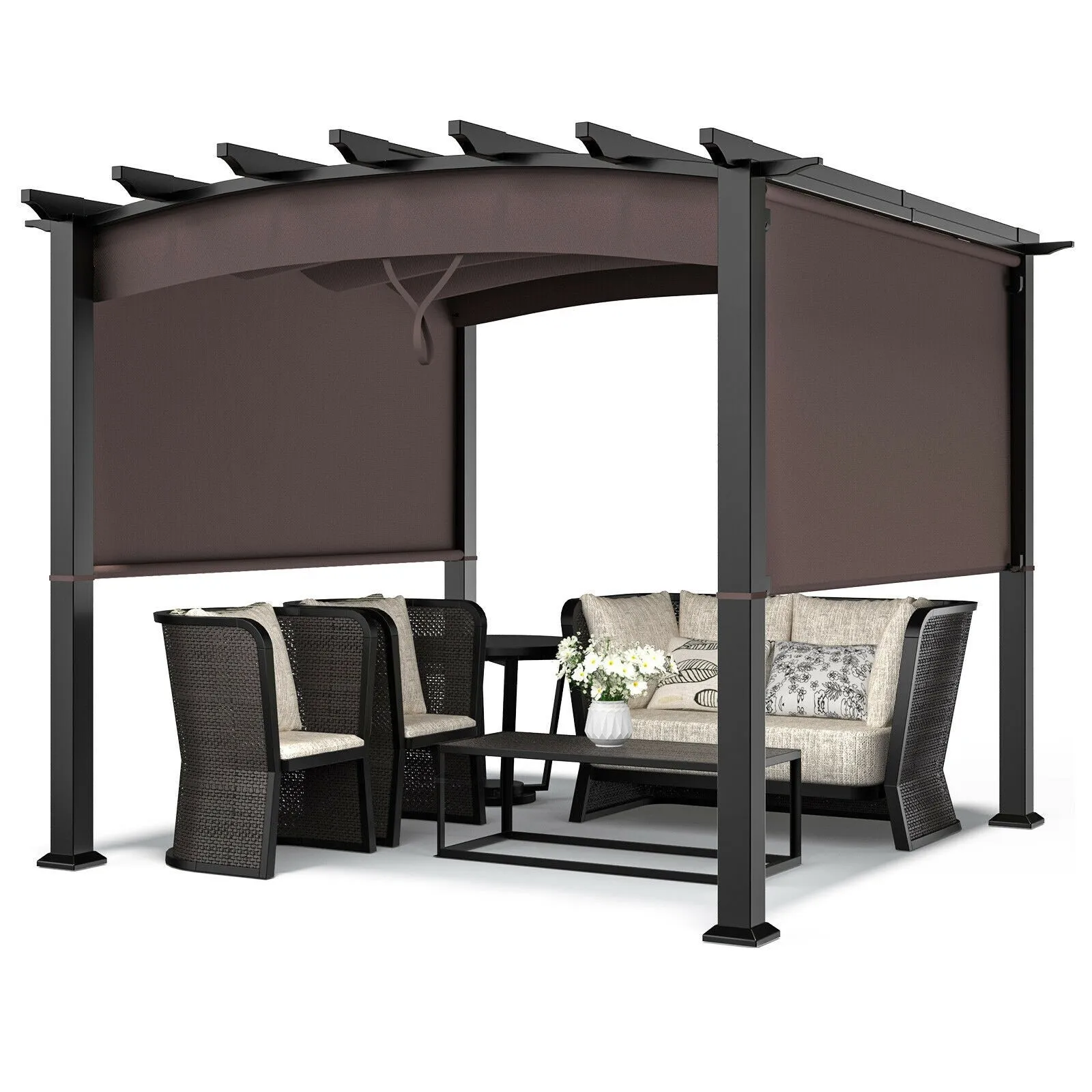 10 x 10ft Patio Pergola Gazebo with Retractable Canopy - Brown