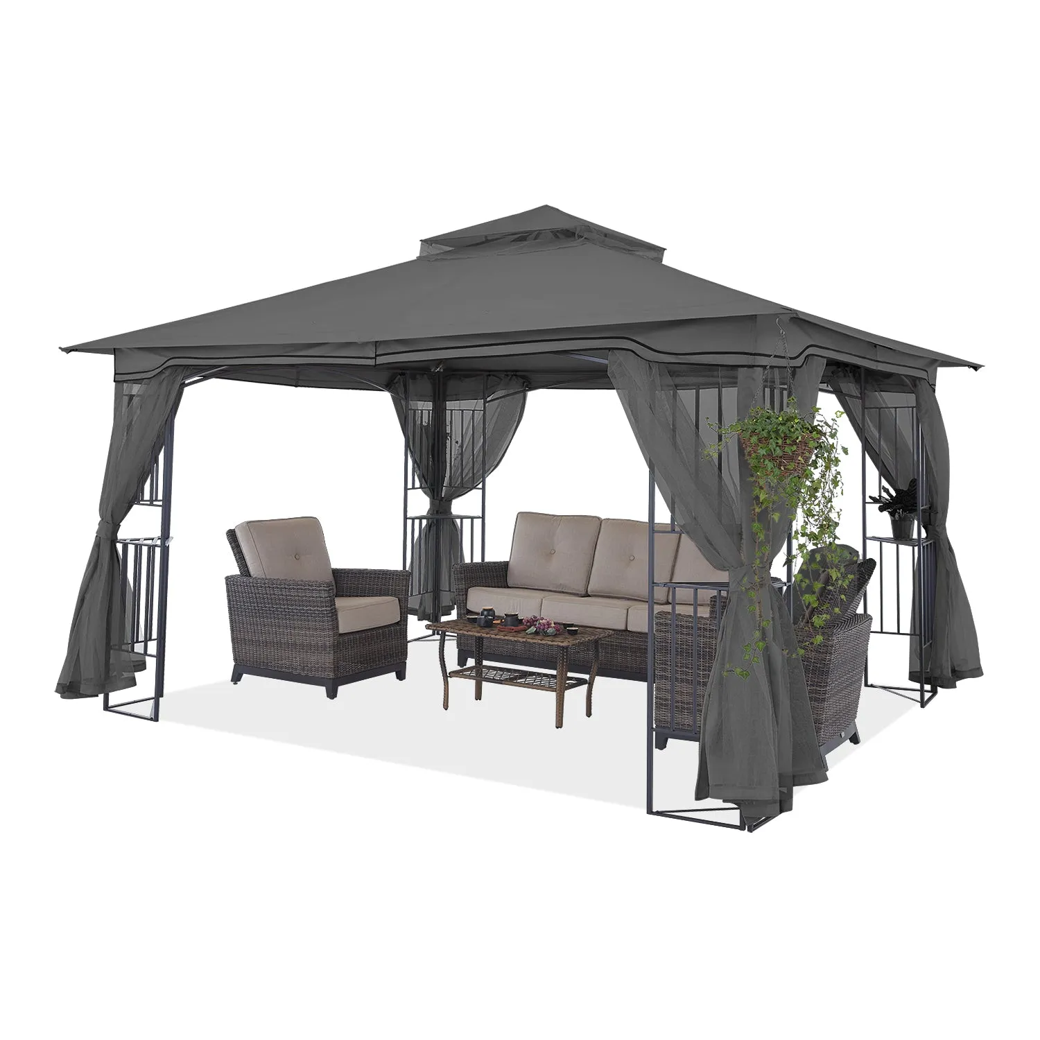 11x11/13x11 Patio Outdoor Gazebo with Netting Screen Walls and Corner Shelf Design