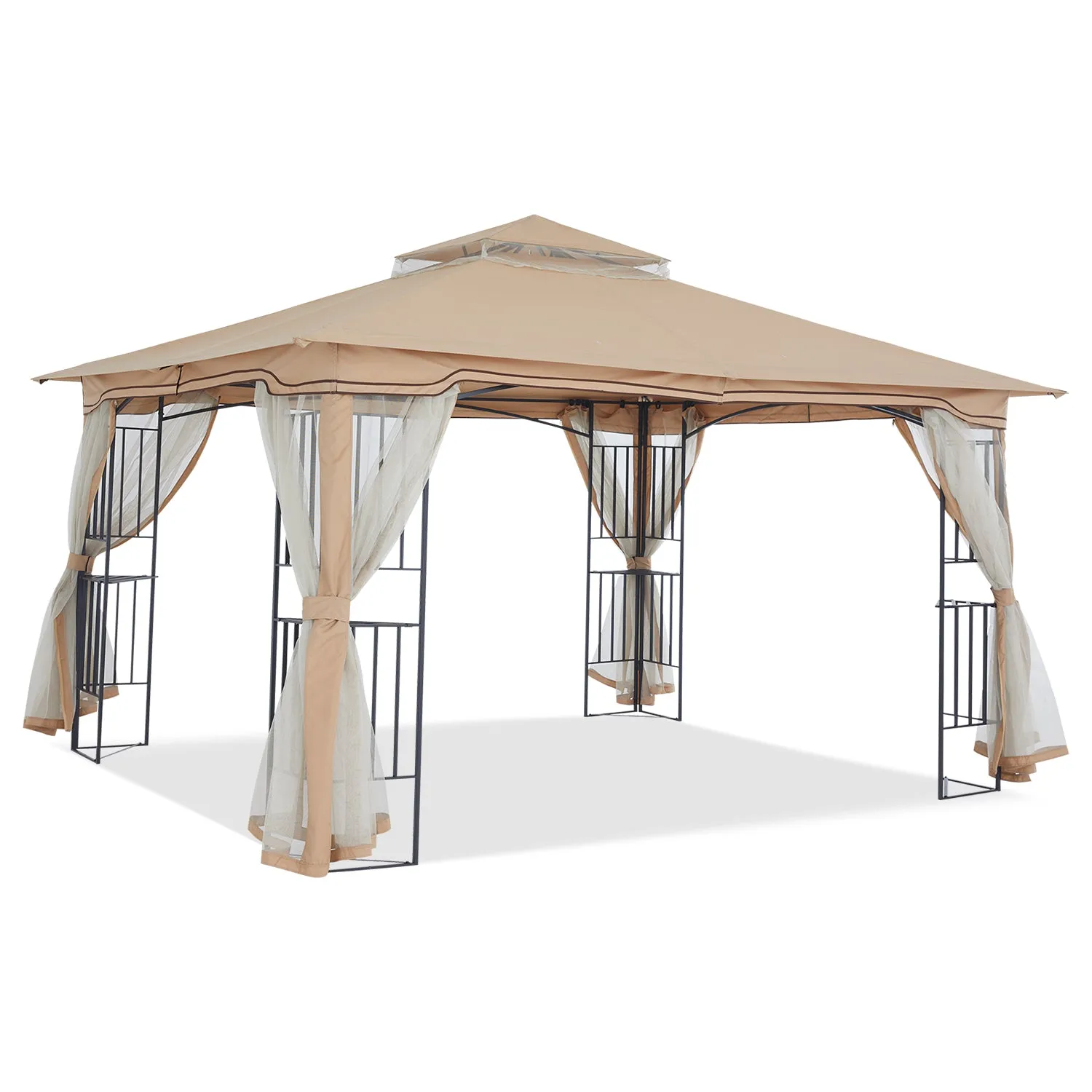 11x11/13x11 Patio Outdoor Gazebo with Netting Screen Walls and Corner Shelf Design