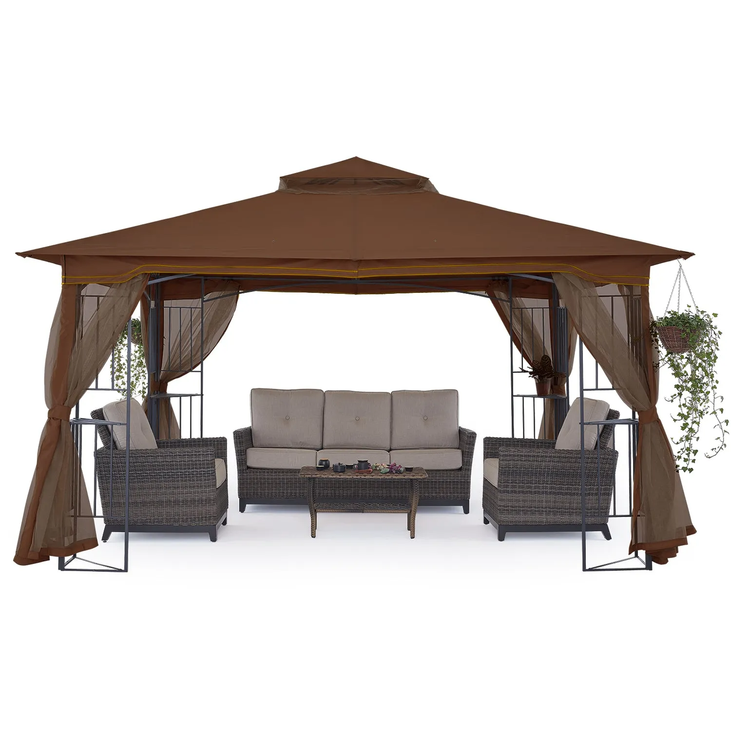 11x11/13x11 Patio Outdoor Gazebo with Netting Screen Walls and Corner Shelf Design