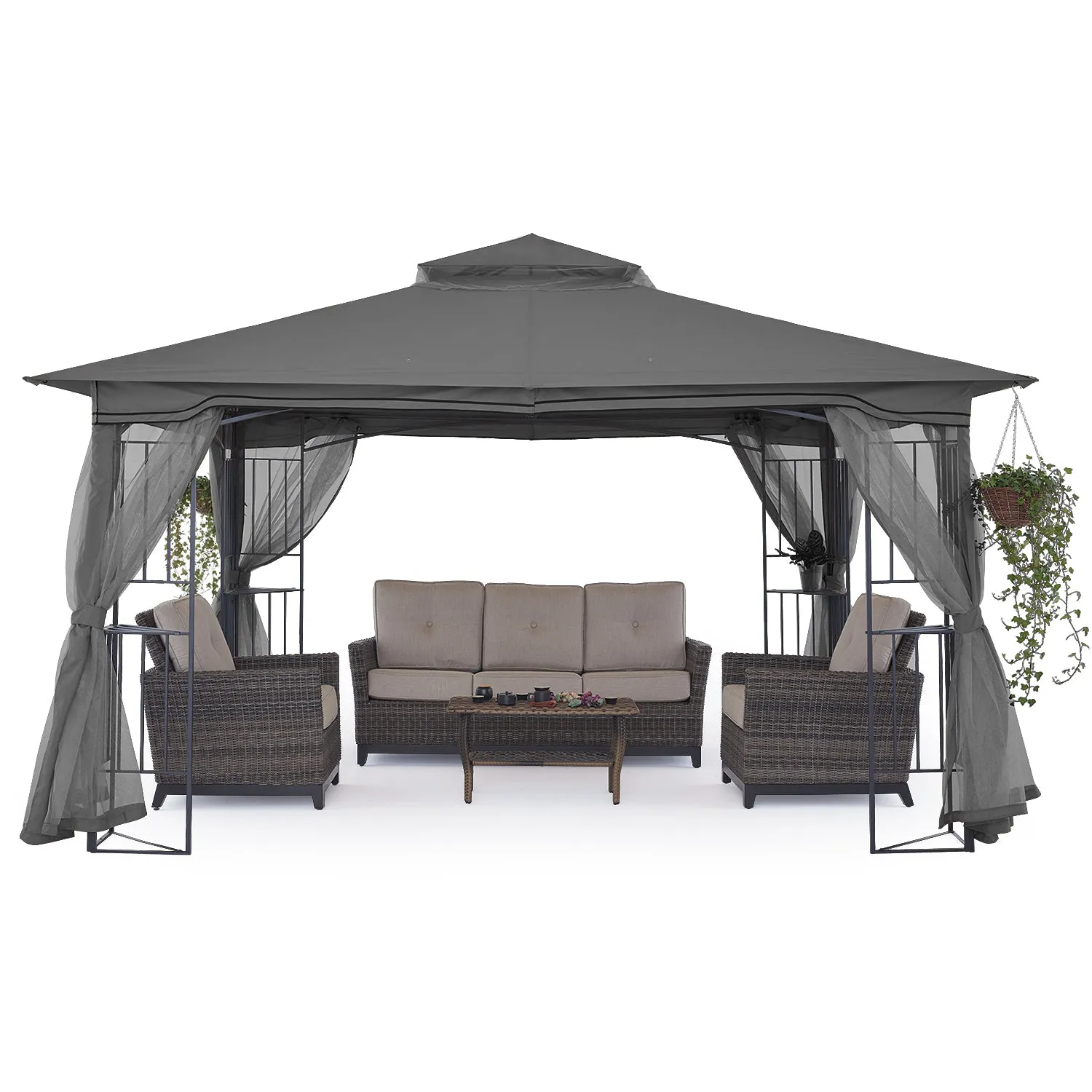 11x11/13x11 Patio Outdoor Gazebo with Netting Screen Walls and Corner Shelf Design