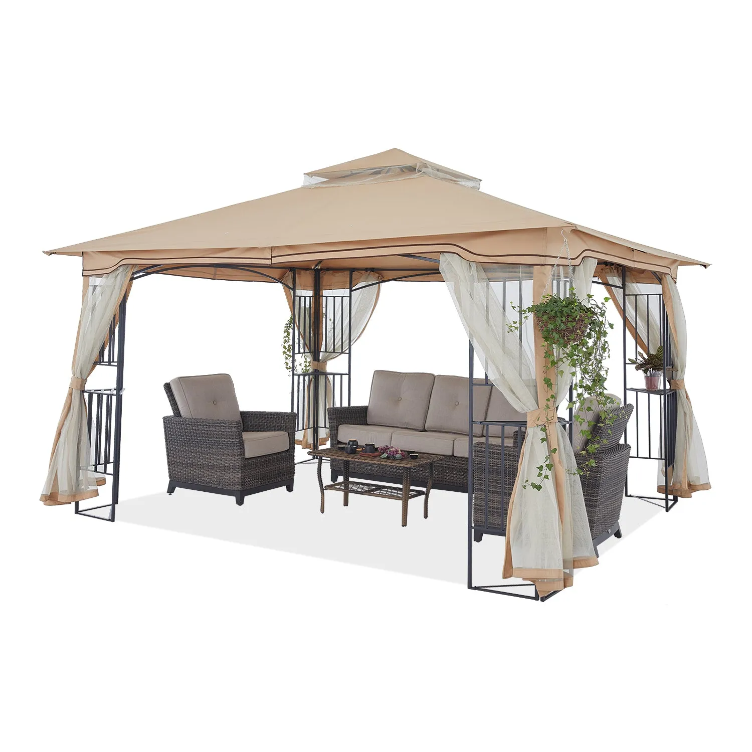 11x11/13x11 Patio Outdoor Gazebo with Netting Screen Walls and Corner Shelf Design