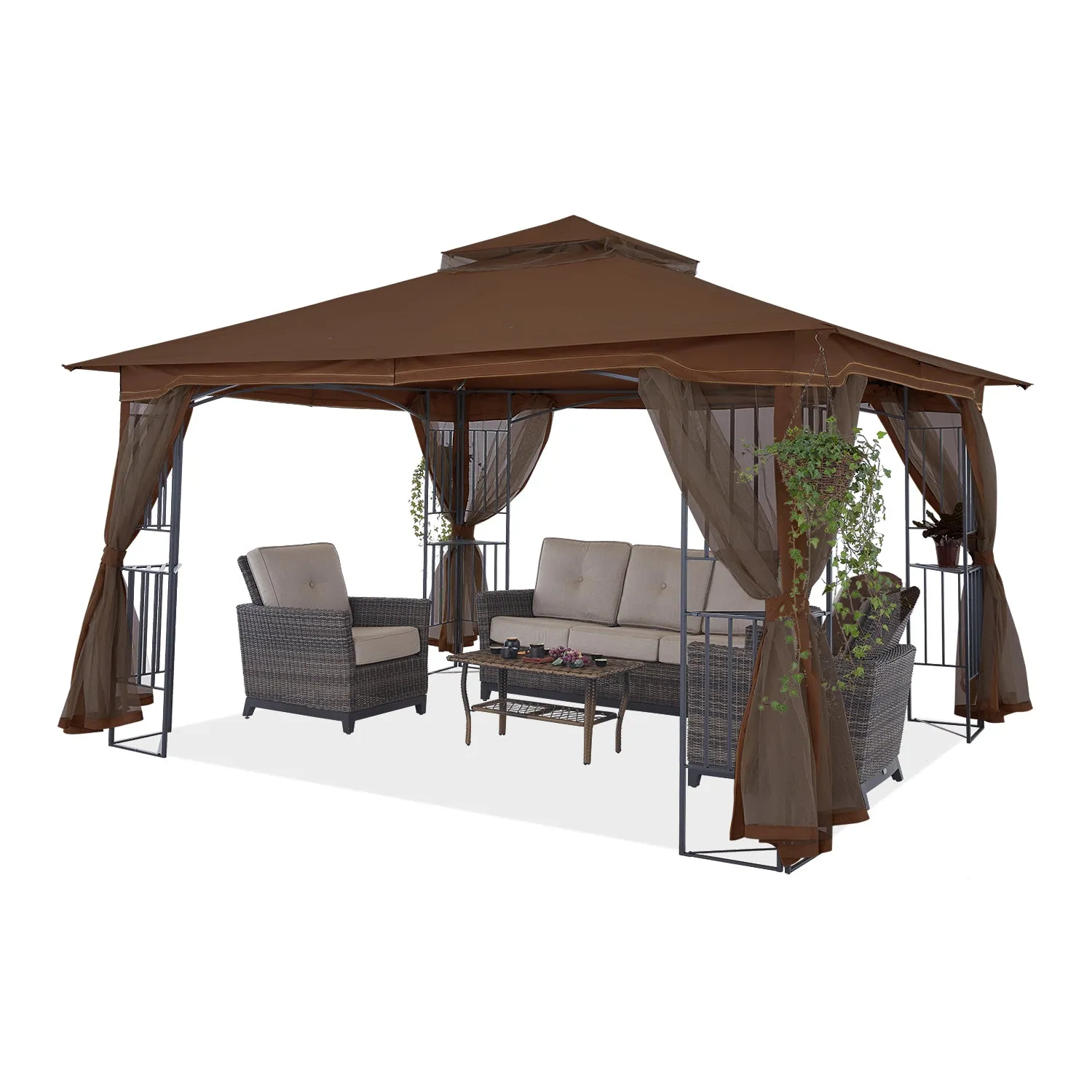 11x11/13x11 Patio Outdoor Gazebo with Netting Screen Walls and Corner Shelf Design