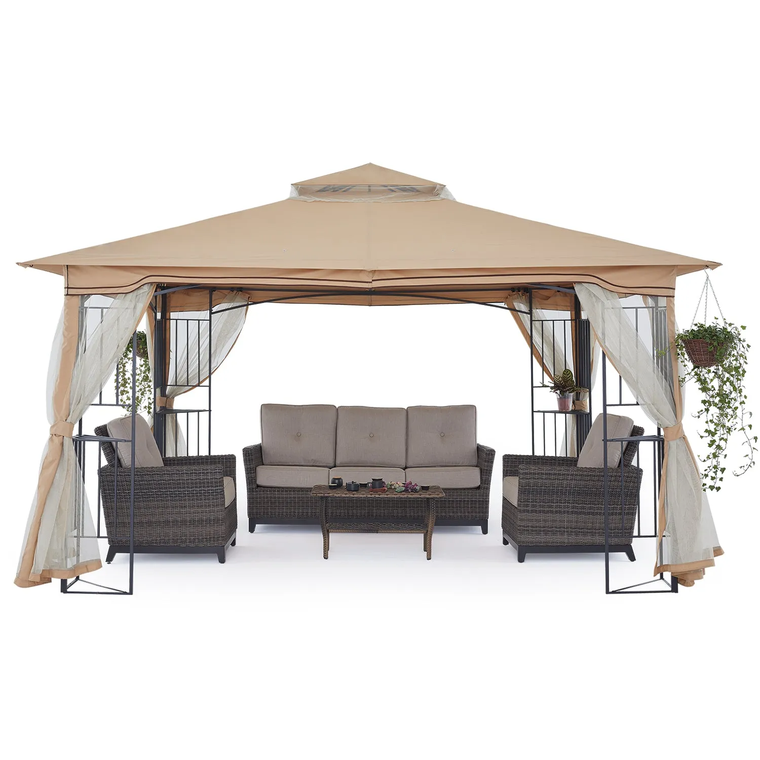 11x11/13x11 Patio Outdoor Gazebo with Netting Screen Walls and Corner Shelf Design