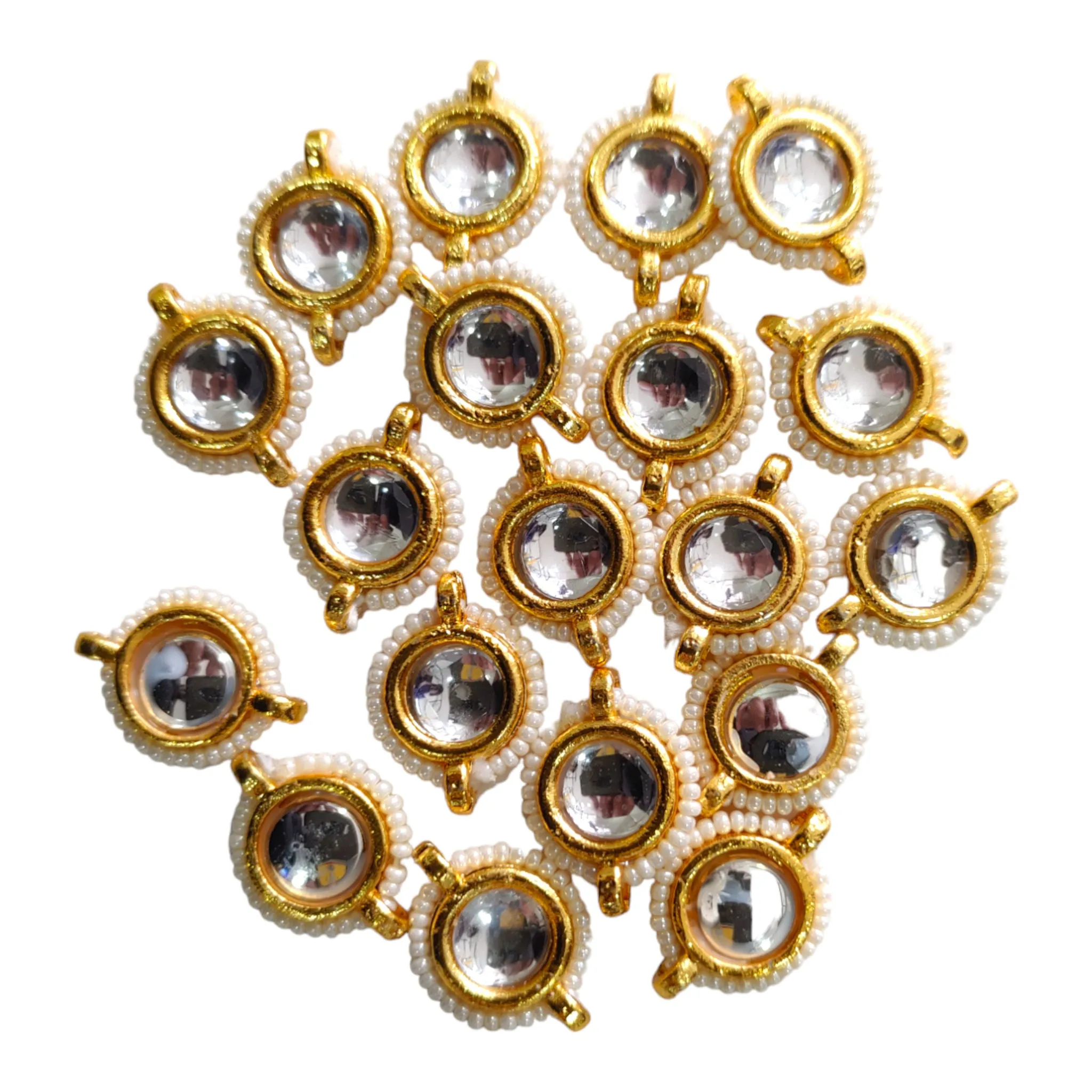 18mm Round Polki Stone Kundan Metal Motif For Craft or Decor - 25 Pcs