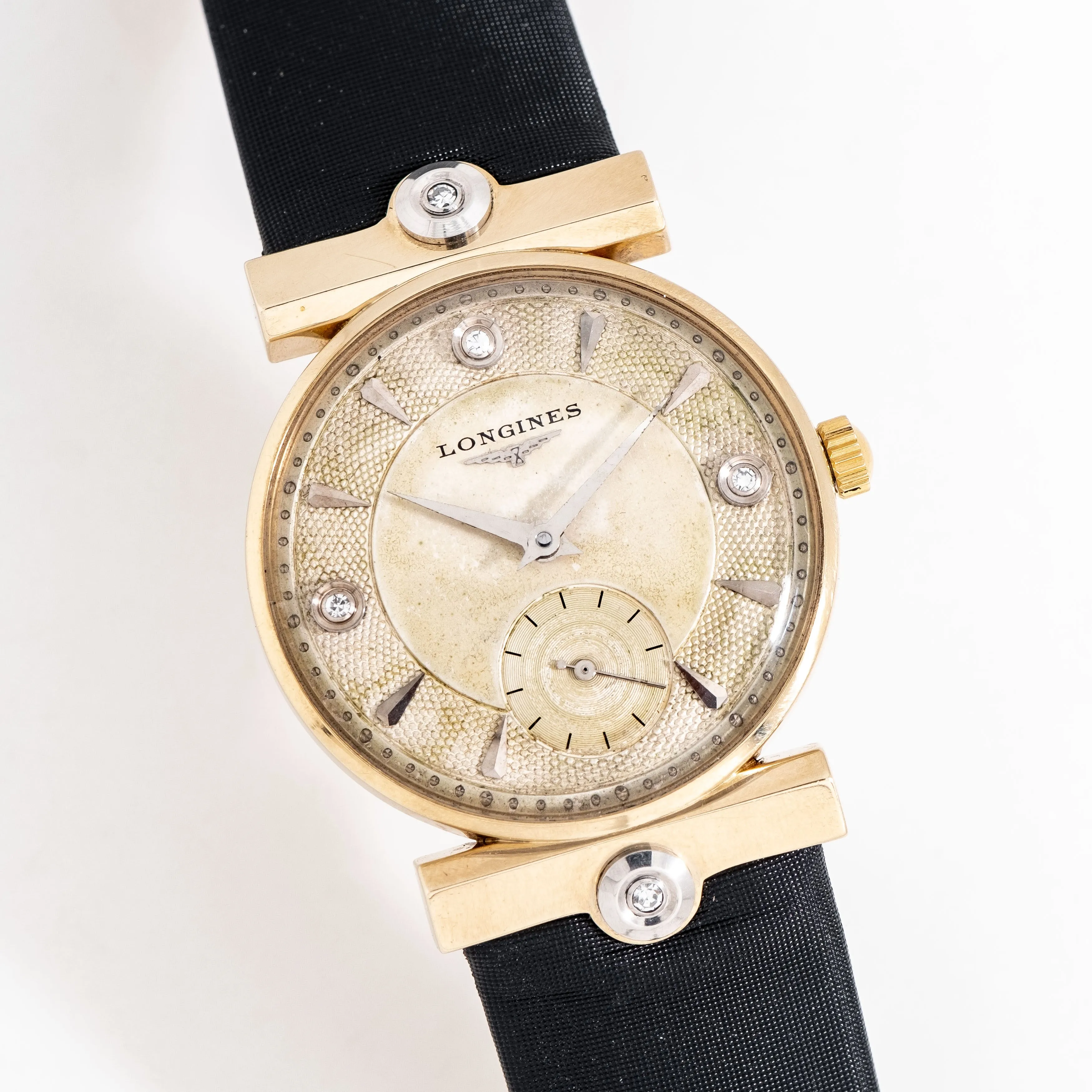 1951 Vintage Longines Guilloche Dial Watch in Solid 14k Yellow Gold and Diamonds (# 14832)