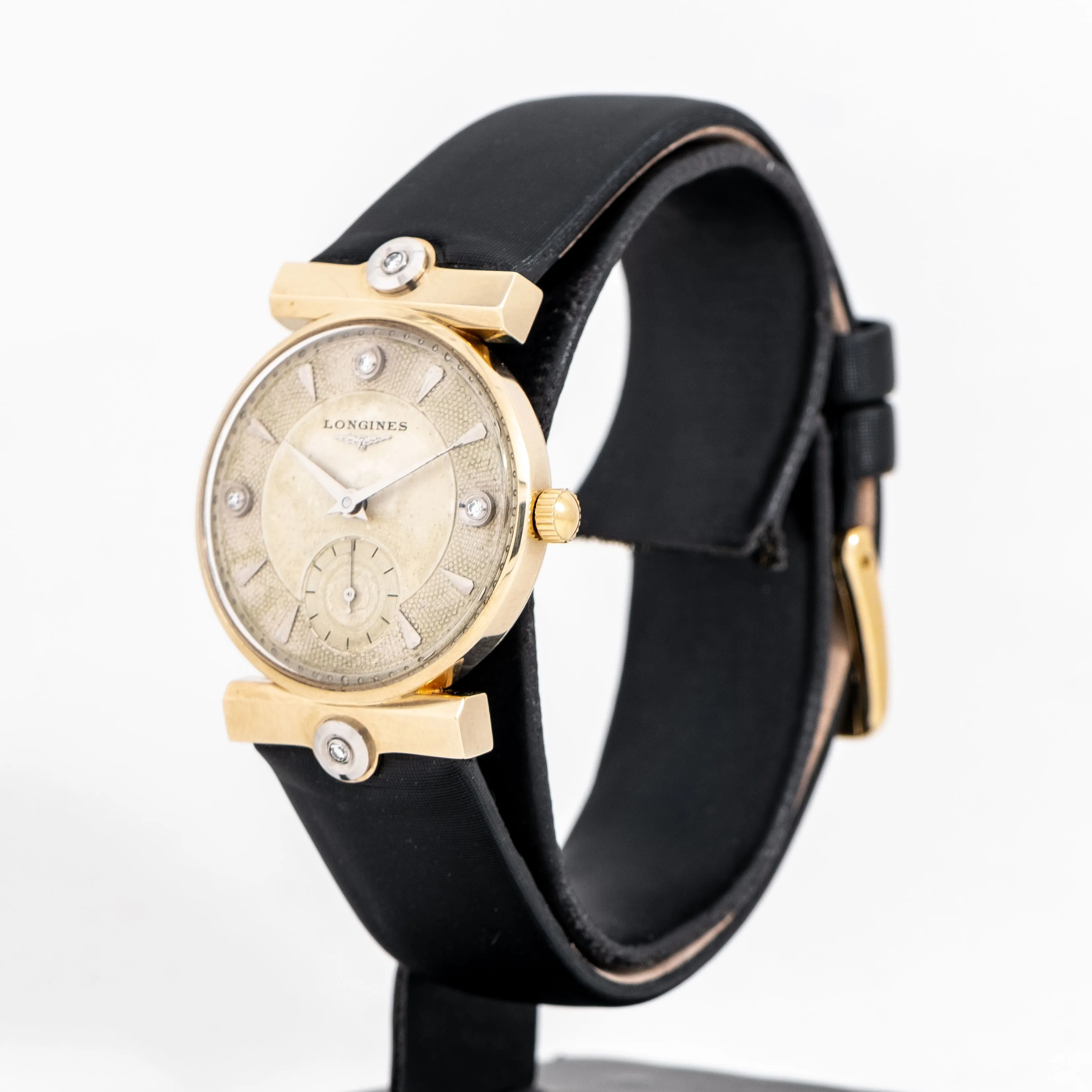 1951 Vintage Longines Guilloche Dial Watch in Solid 14k Yellow Gold and Diamonds (# 14832)