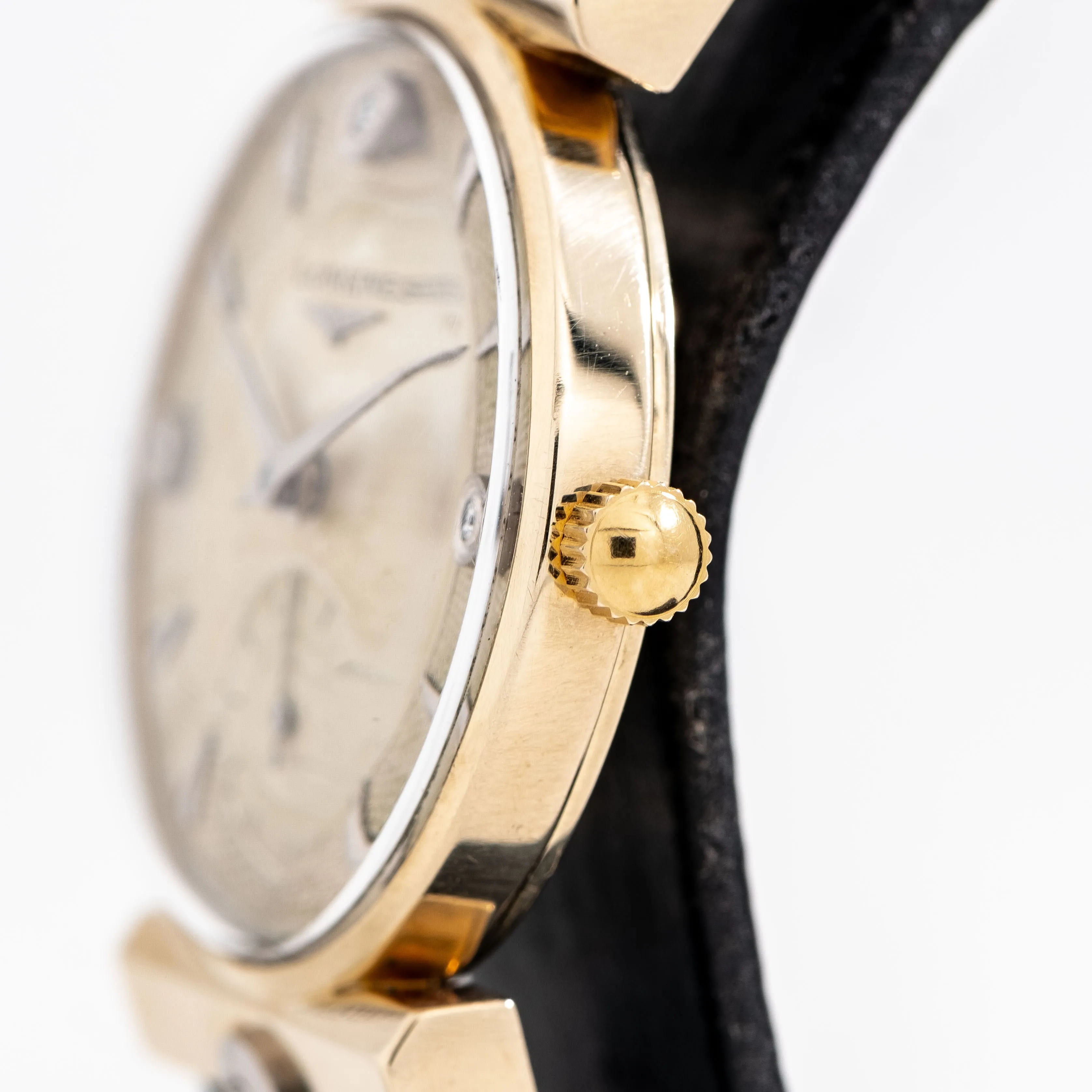 1951 Vintage Longines Guilloche Dial Watch in Solid 14k Yellow Gold and Diamonds (# 14832)