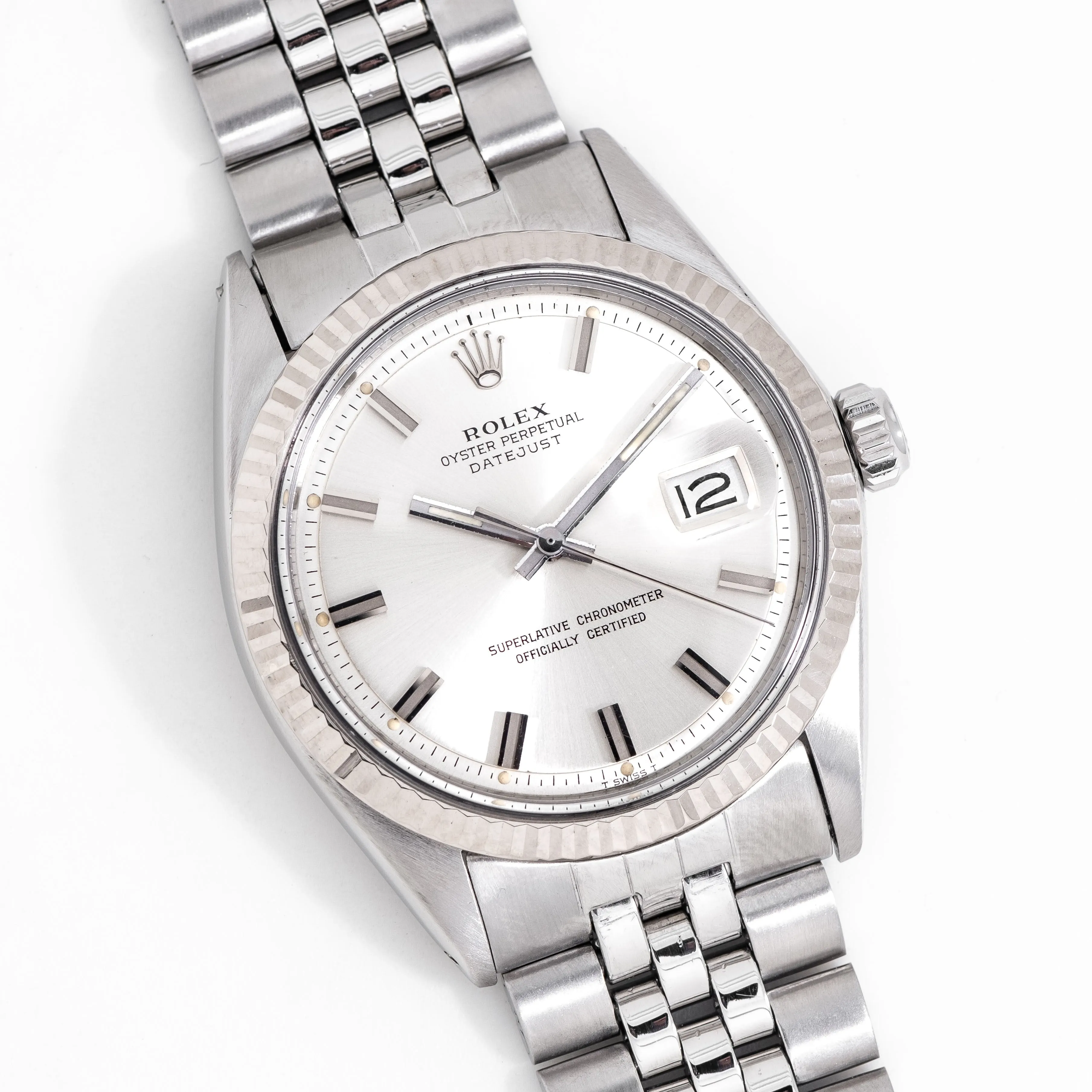 1971 Vintage Rolex Datejust "WIDE BOY" Ref. 1601 14k White Gold Fluted Bezel & Stainless Steel Watch (# 14887)