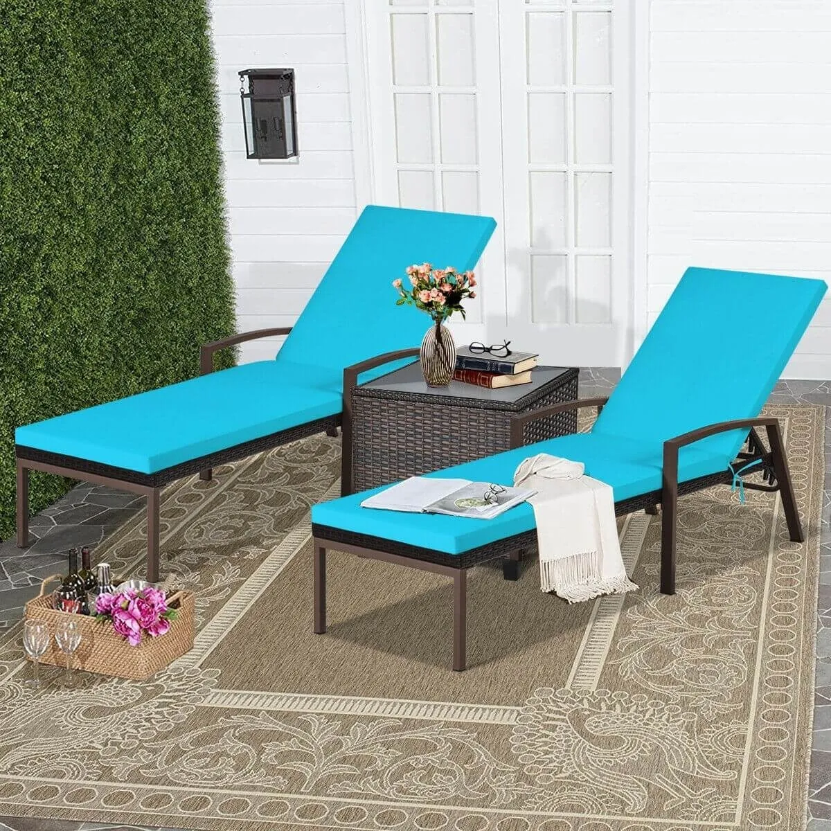 2pc Adjustable Wicker Rattan Patio Chaise Lounge Chair - Turquoise