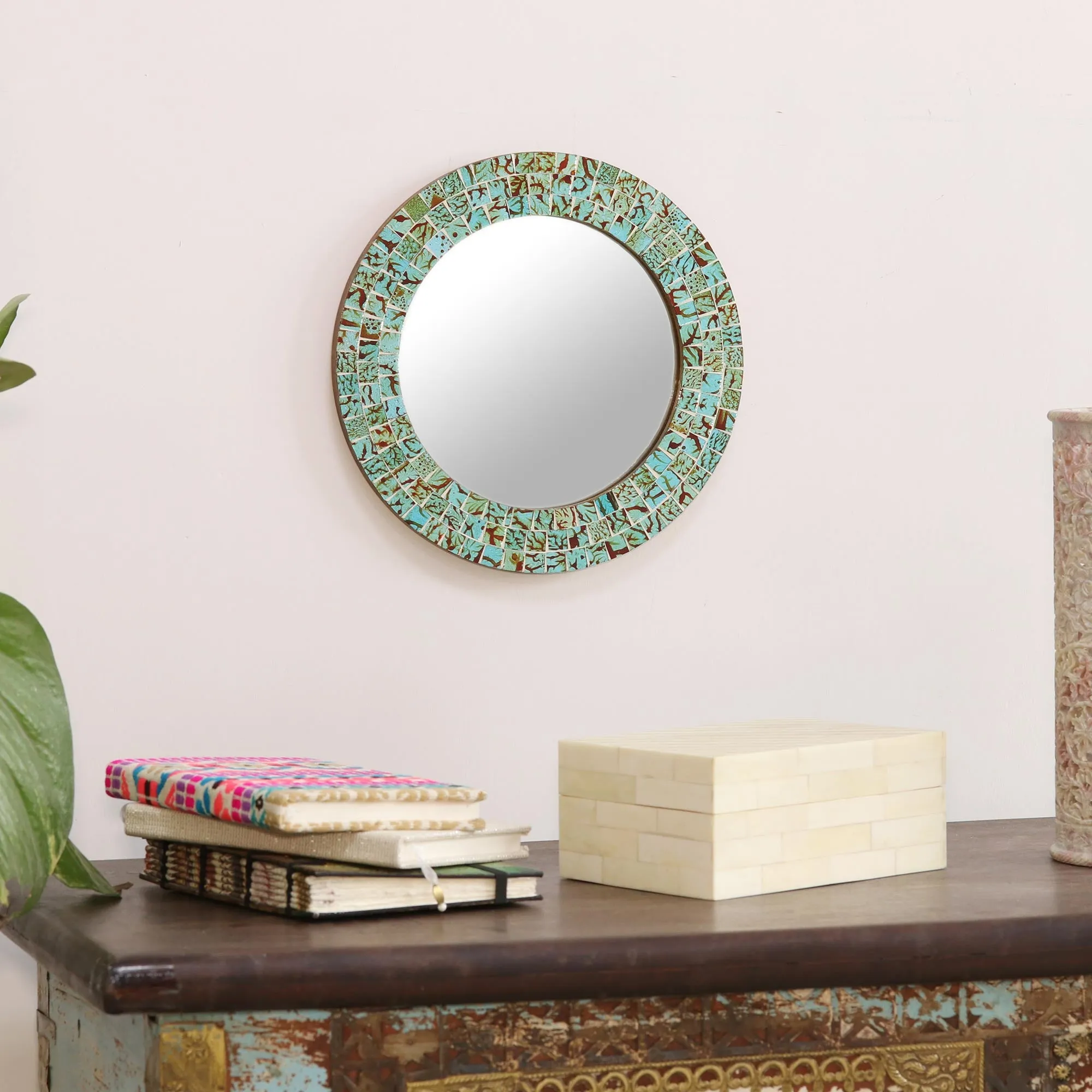 Aqua Splash Aqua and Lime Round Glass Mosaic Mirror from India