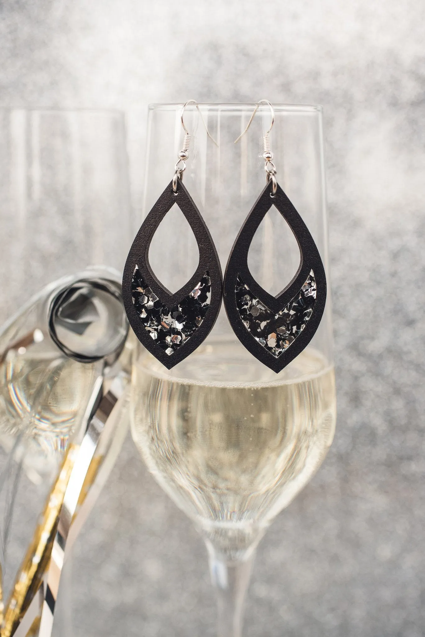 Black & Silver - Sparkly Glitter Dangle Earrings