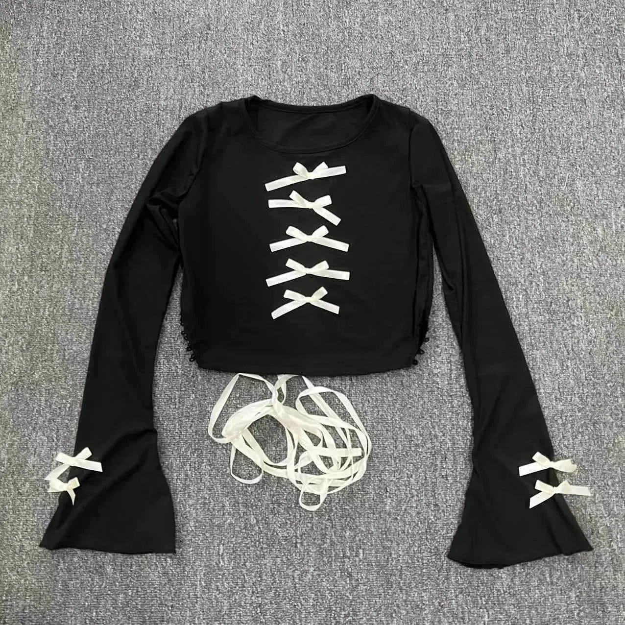 Black Goth Flare Long Sleeve Tie Top