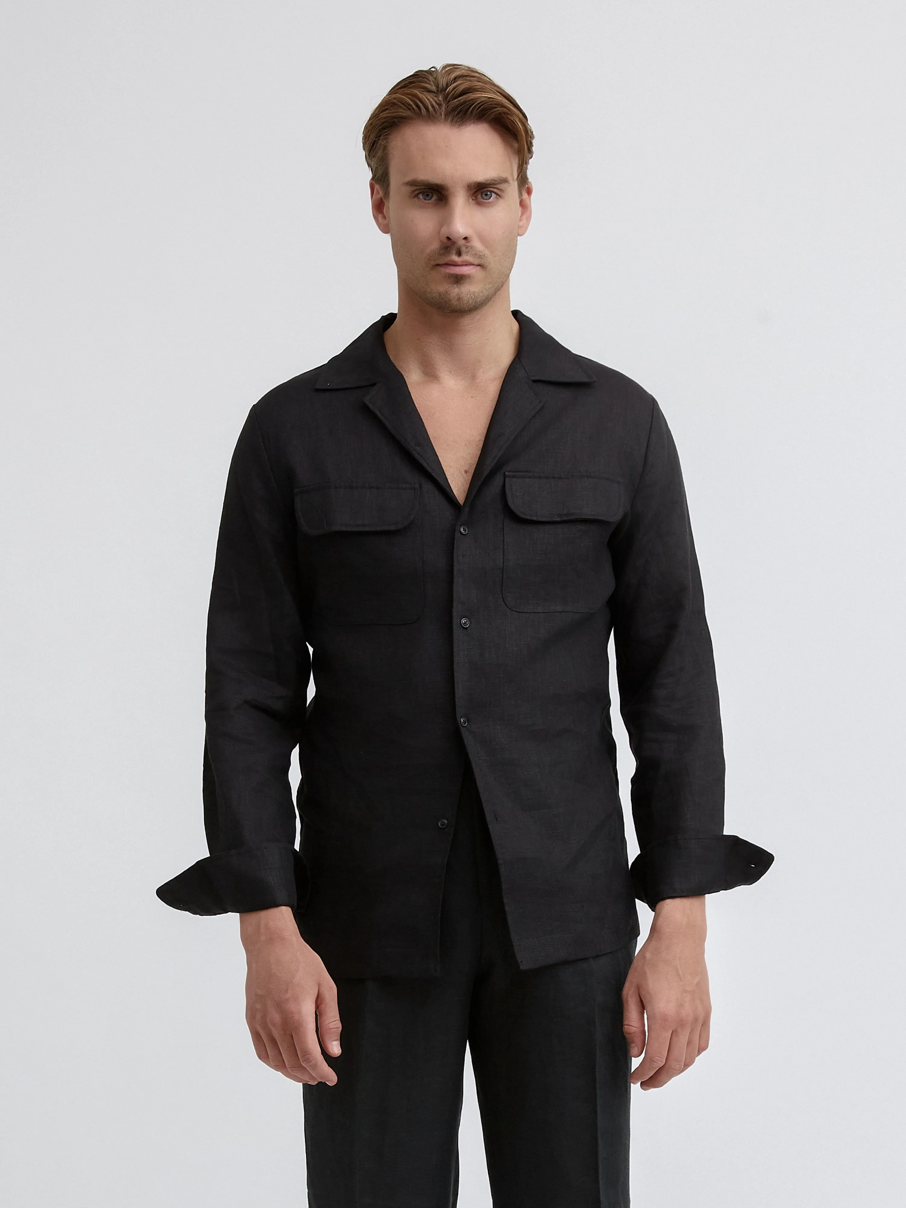 Black Linen Camp Shirt