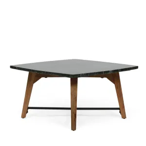 Boho Glam Handcrafted Marble Top Coffee Table, Black and Dark Espresso - NH852513