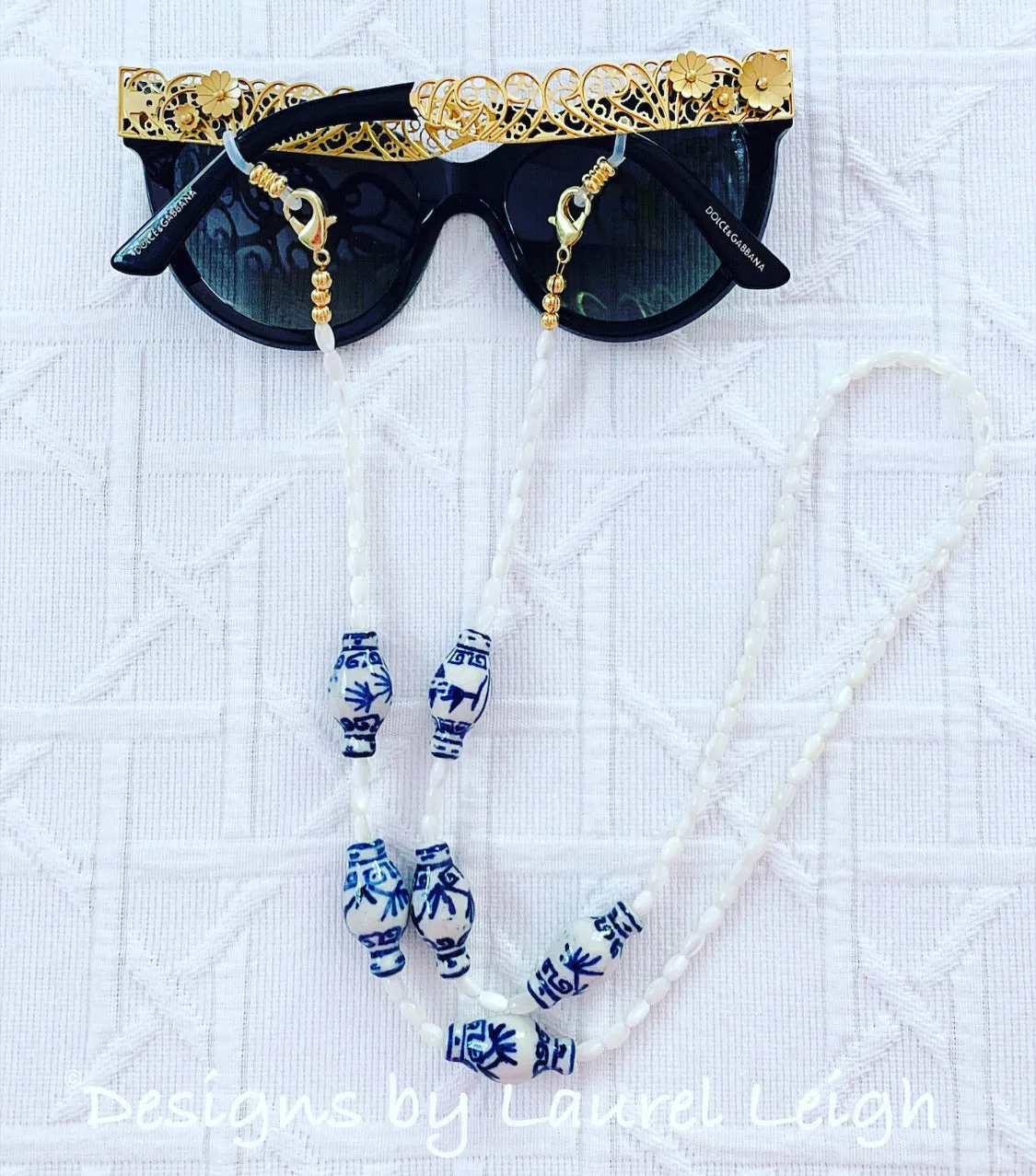 Chinoiserie Ginger Jar & Pearl Eyeglass / Sunglass / Mask Holder / Lanyard Chain / Necklace - 3 Styles