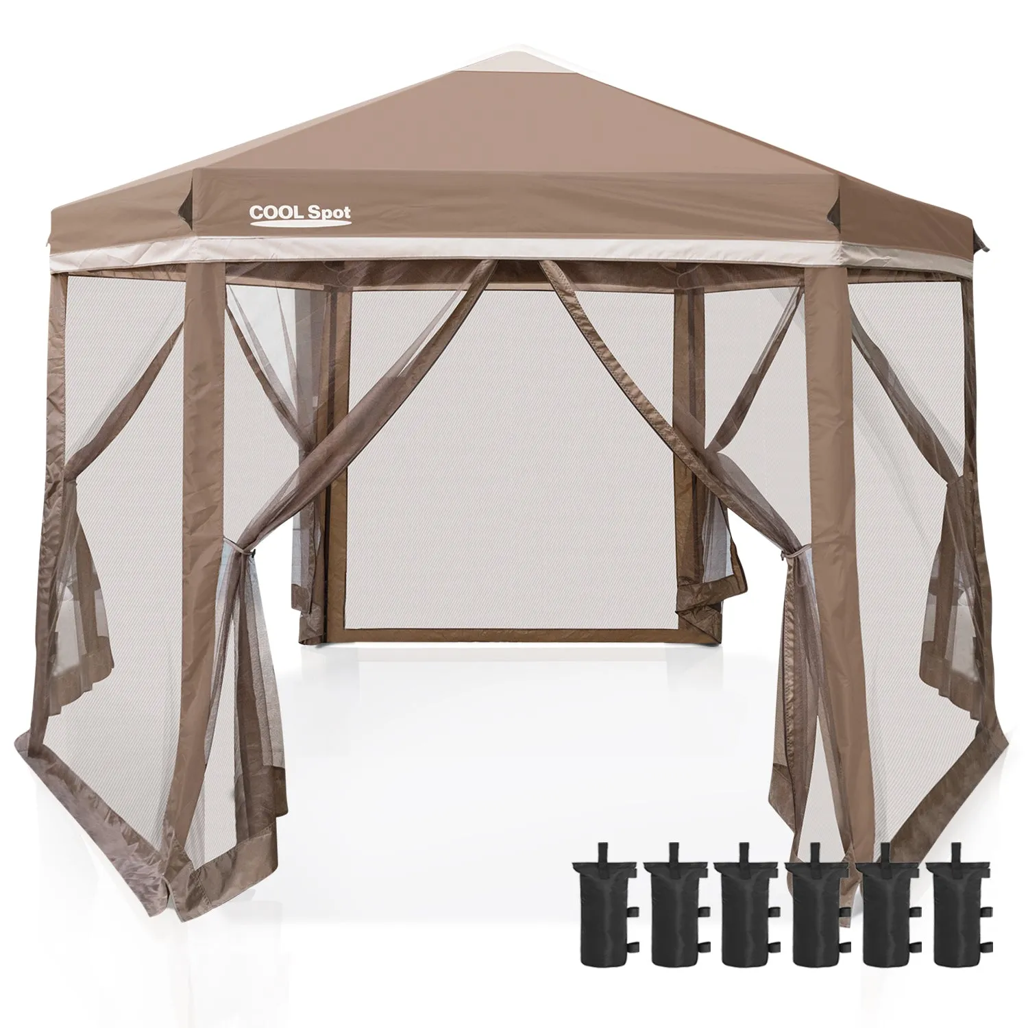 COOS BAY 6 Sided Hexagon Pop Up Gazebo Tent w/Mosquito Netting (90 Square Feet of Shade) Easy Setup Center Push Outdoor Instant Gazebo Canopy Shelter (Beige)