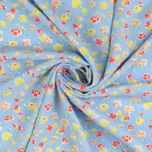 Cottage Flowers Light Blue Viscose Poplin Fabric