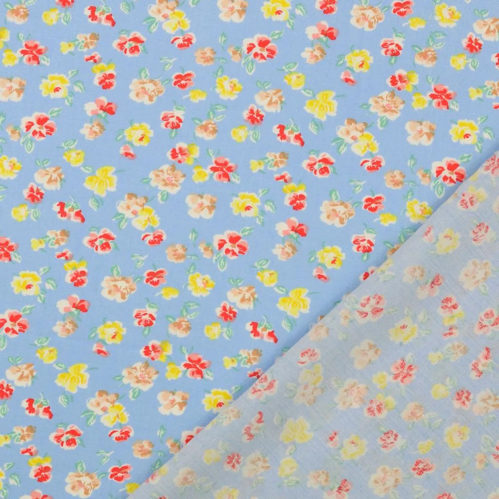 Cottage Flowers Light Blue Viscose Poplin Fabric