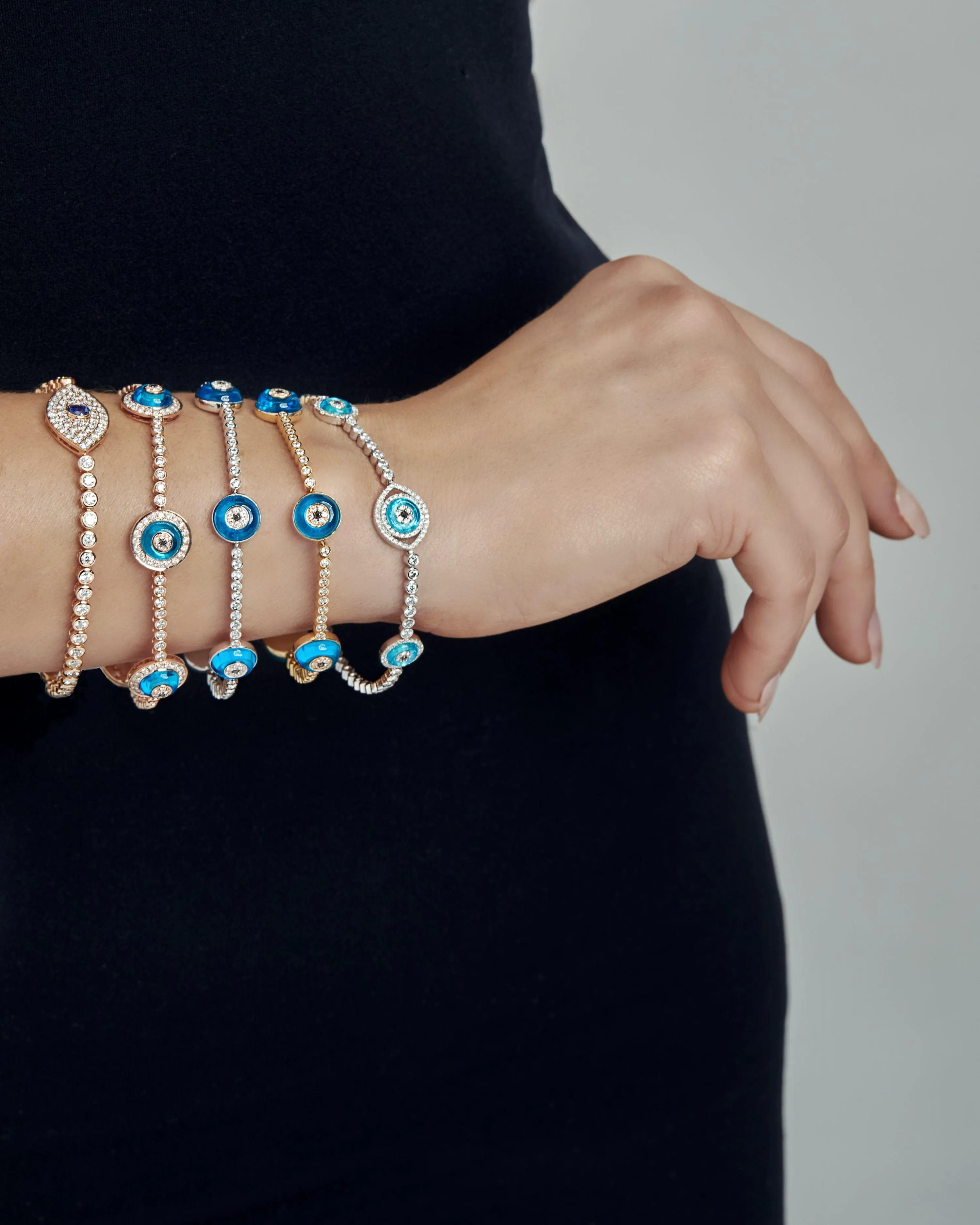 Evil Eye Blue Quartz and Diamond Halo White Gold Bracelet