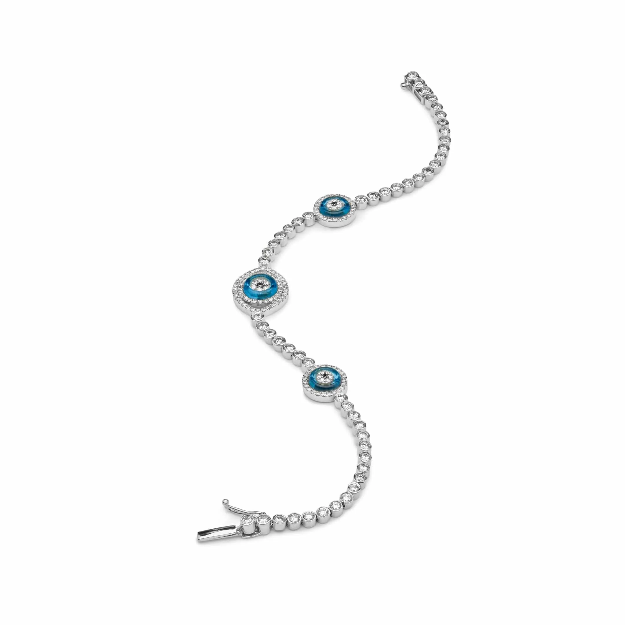 Evil Eye Blue Quartz and Diamond Halo White Gold Bracelet