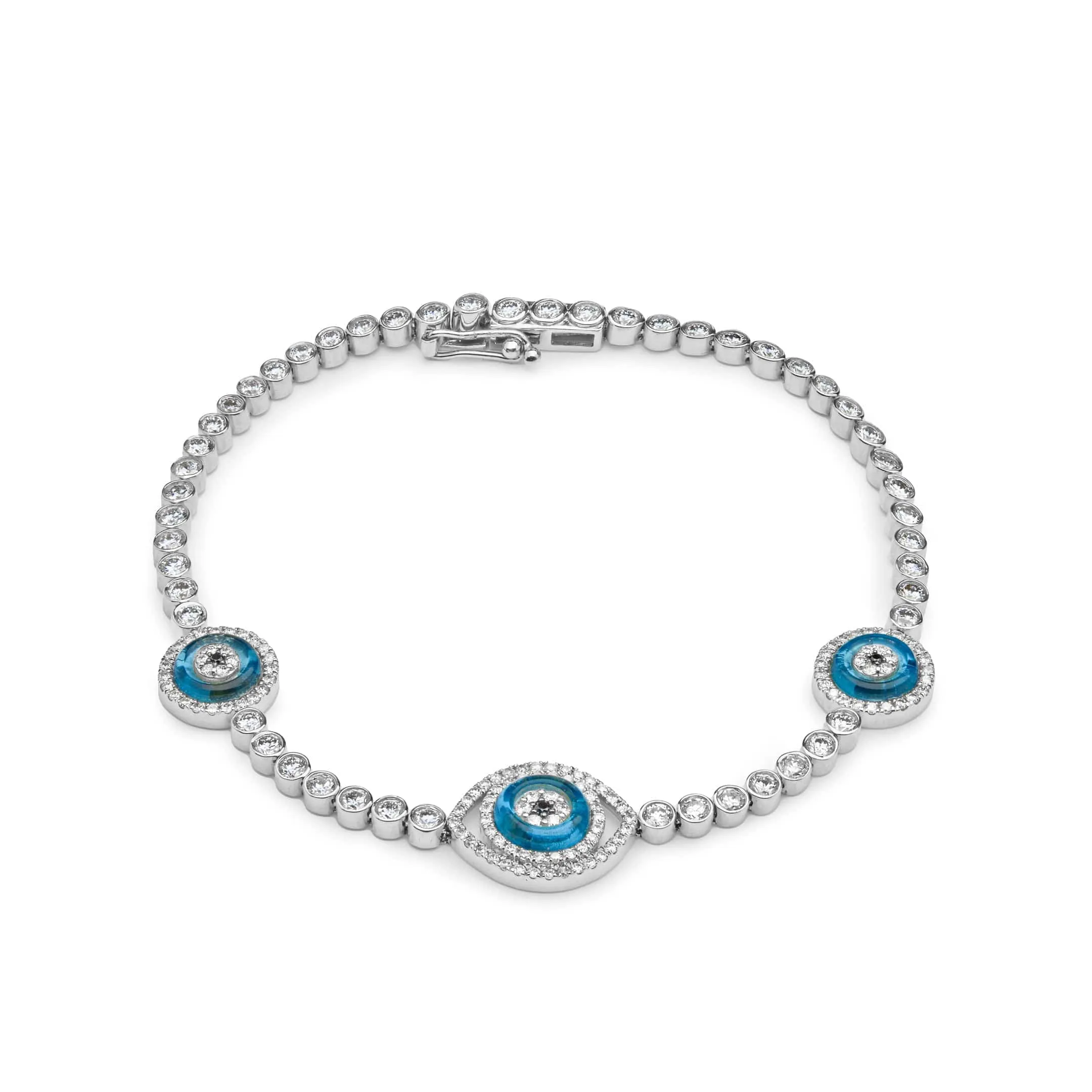 Evil Eye Blue Quartz and Diamond Halo White Gold Bracelet