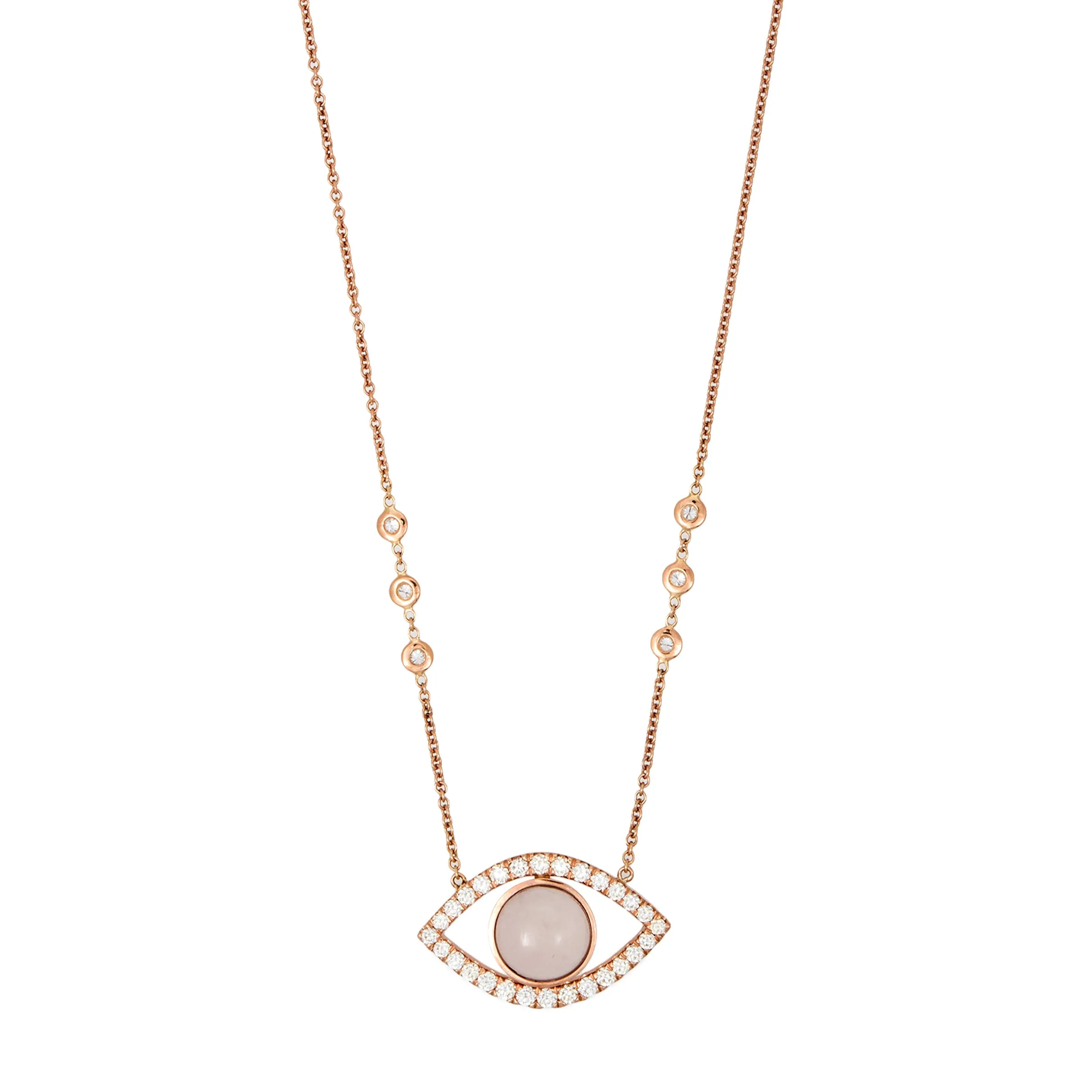 LARGE PAVE ROSE QUARTZ CENTER OPEN EYE DIAMOND NECKLACE