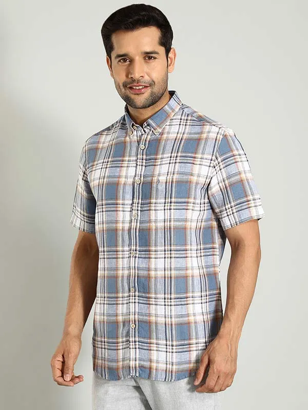 Men Checked Half Sleeve Linen Shirt