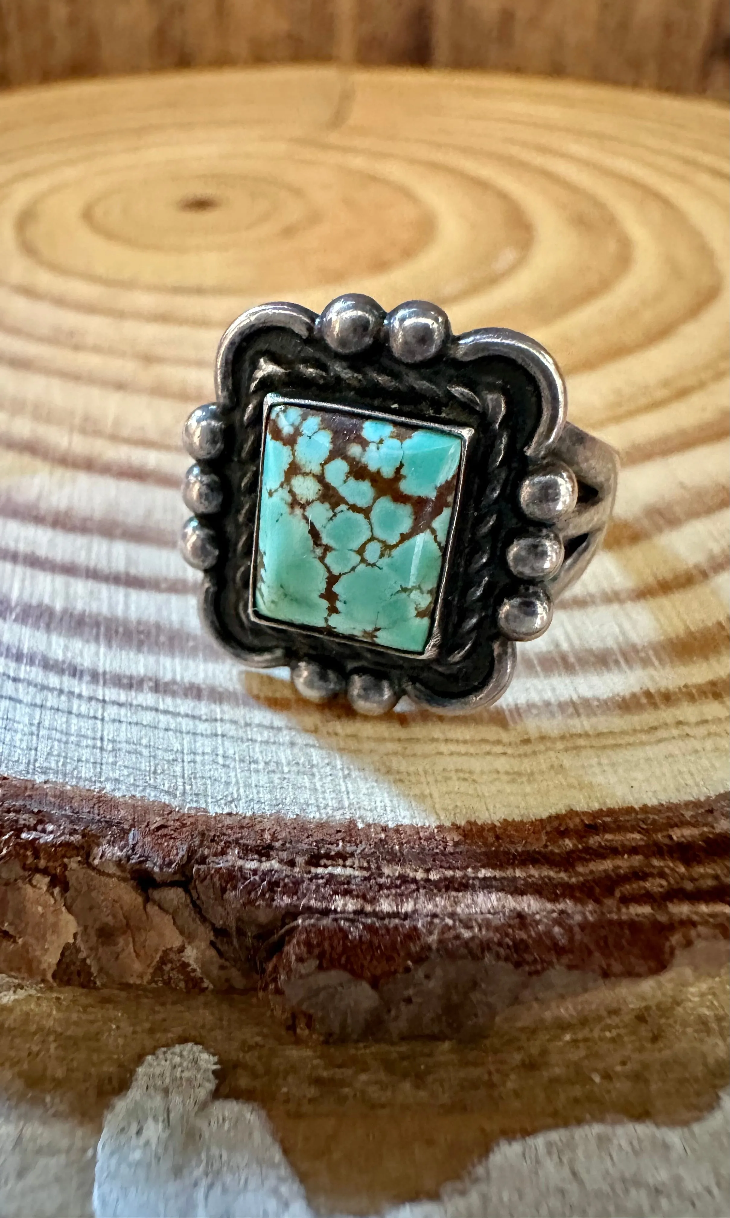 VINTAGE SQUARE ELEGANCE Sterling Silver and Turquoise Ring • Size 6 1/4