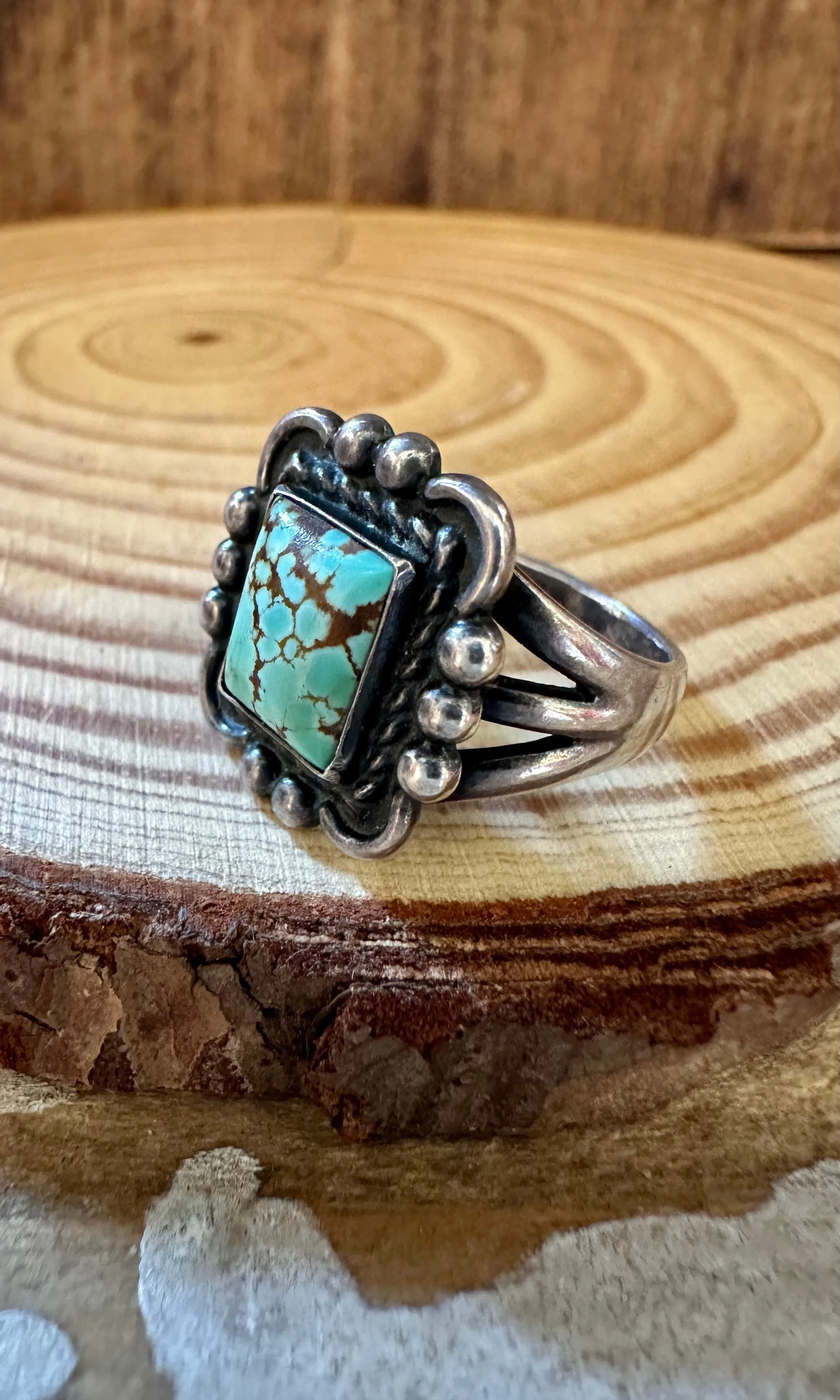 VINTAGE SQUARE ELEGANCE Sterling Silver and Turquoise Ring • Size 6 1/4