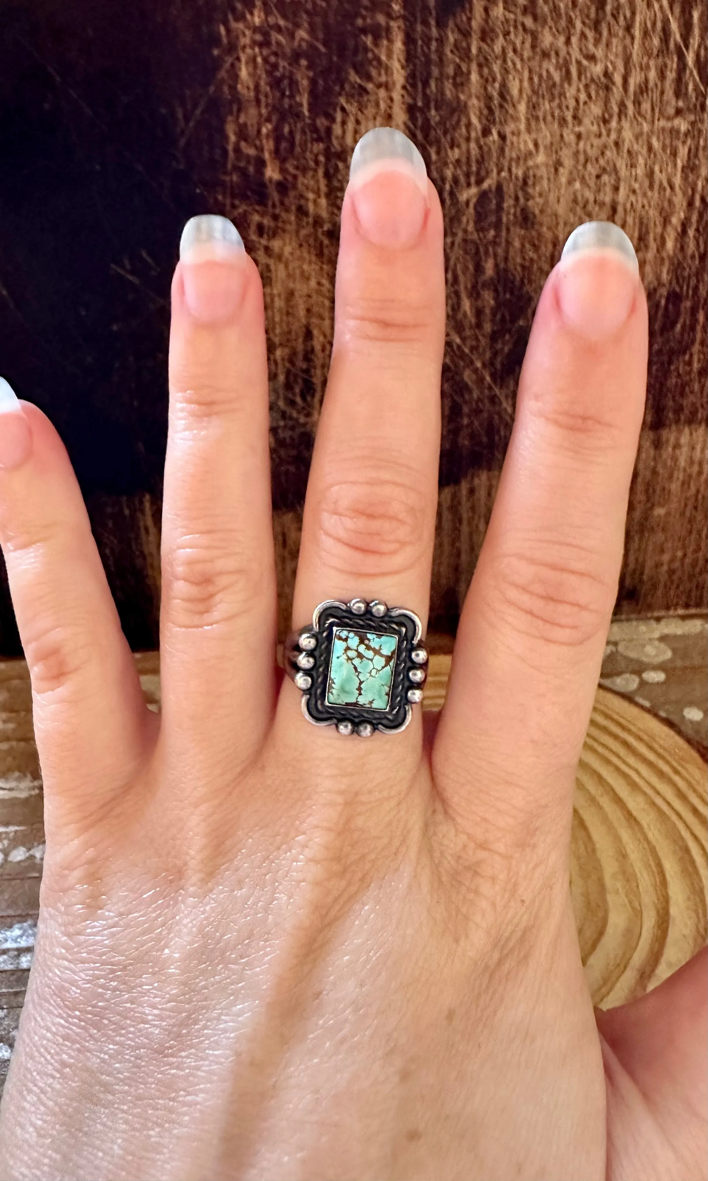 VINTAGE SQUARE ELEGANCE Sterling Silver and Turquoise Ring • Size 6 1/4