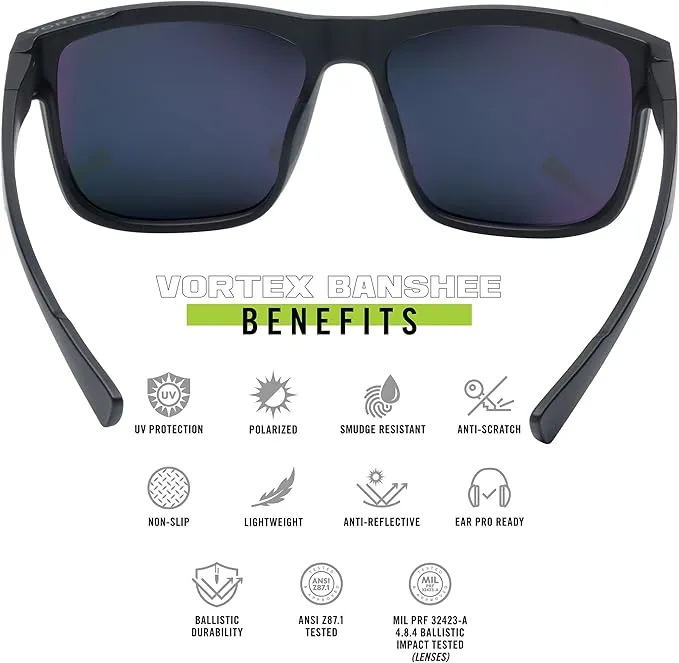 Vortex Optics Banshee Sunglasses UV Protection Polarized Ballistic Rated, Black/Smoke - No Mirror (EBA-BKS)