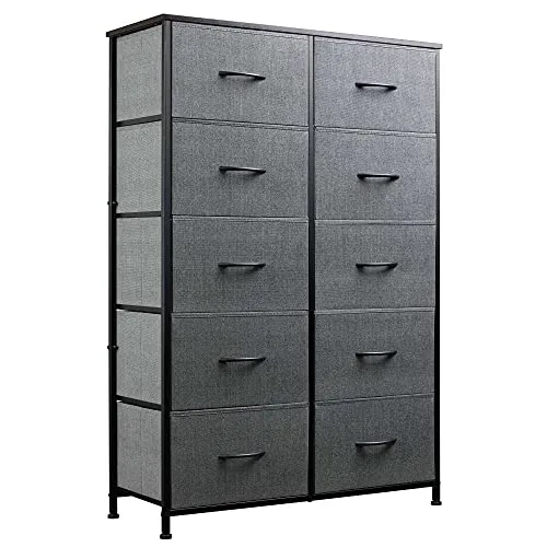 WLIVE 10-Drawer Dresser, Fabric Storage Tower for Bedroom, Hallway, Nursery, Closets, Tall Chest Organizer Unit with Textured Print Fabric Bins, Steel Frame, Wood Top, Easy Pull Handle, Charcoal Gray