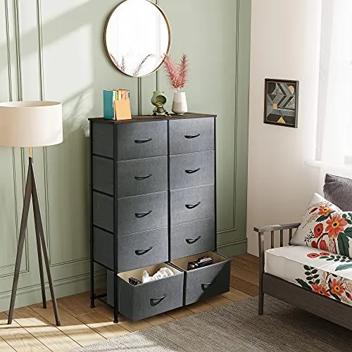 WLIVE 10-Drawer Dresser, Fabric Storage Tower for Bedroom, Hallway, Nursery, Closets, Tall Chest Organizer Unit with Textured Print Fabric Bins, Steel Frame, Wood Top, Easy Pull Handle, Charcoal Gray