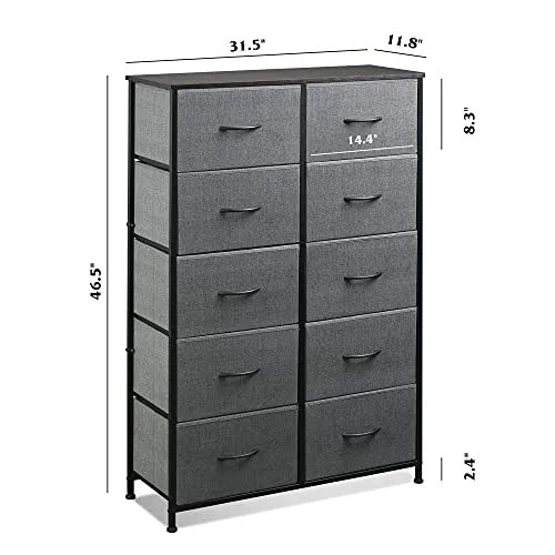 WLIVE 10-Drawer Dresser, Fabric Storage Tower for Bedroom, Hallway, Nursery, Closets, Tall Chest Organizer Unit with Textured Print Fabric Bins, Steel Frame, Wood Top, Easy Pull Handle, Charcoal Gray